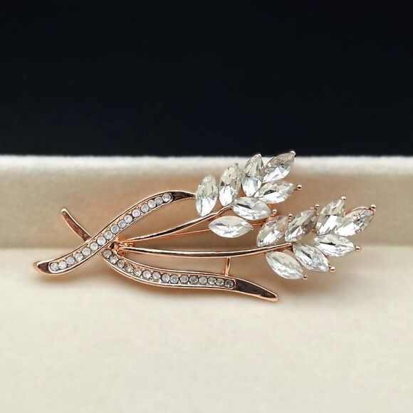 Rose Gold with White Diamond Crystal Wheat Ear Plant Bouquet Pin Back Brooch - Picture 3 of 8